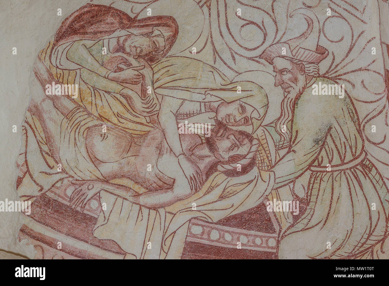 La Déploration du Christ avec Marie Madeleine et saint Jean, une ancienne fresque gothique dans Bronnestad, Suède, le 11 mai, 2018 Banque D'Images