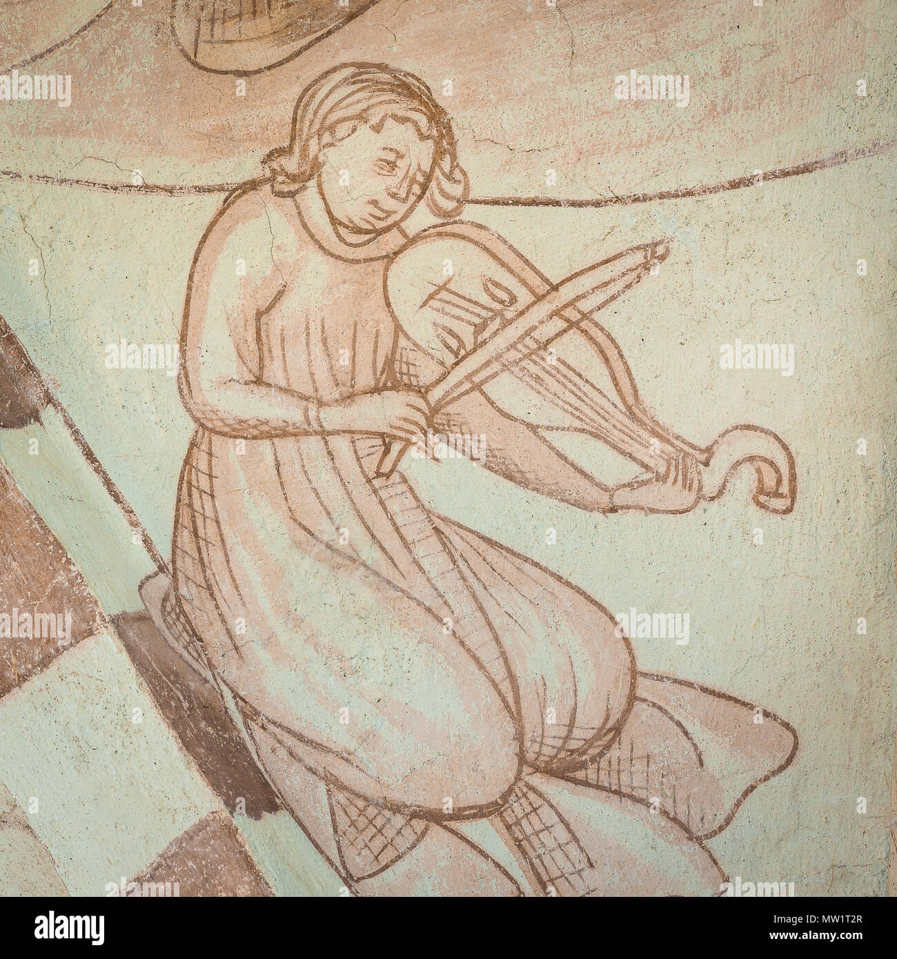 Un ange à genoux, à jouer du violon, une ancienne fresque en Bronnestad église, Suède, le 11 mai, 2018 Banque D'Images
