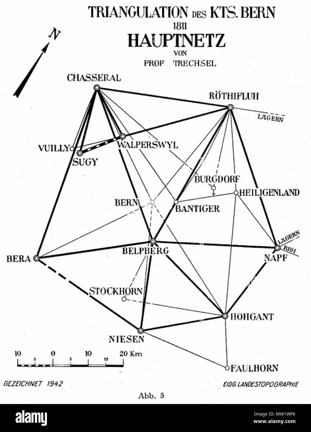 . Deutsch : Hauptnetz Les triangulations des Kantons Bern, Schweiz von 1811 . 28 juillet 2012. Murer Geomatik Schweiz Berne Triangulation 614 Banque D'Images