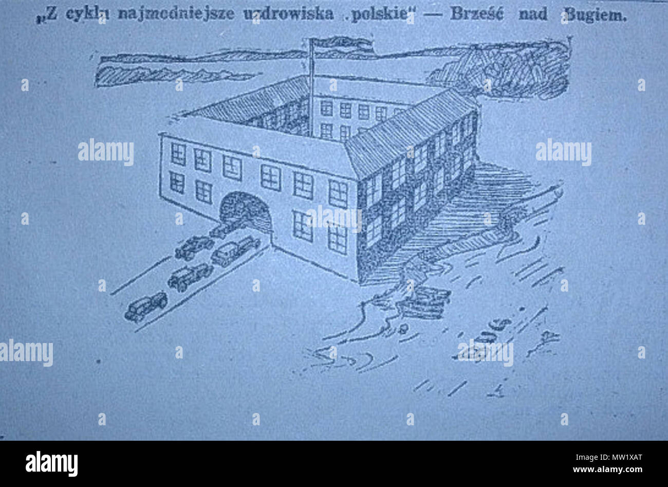 . Anglais : dessin satirique de 'Hasło Łódzkie' Journal, 5 octobre 1930. Le texte : "Dans la série : "La plupart des villes polonaises populaires - Brest-sur-le-Bug.' La photo est une référence à l'essai et le 'Brest Brest élections', alors que de nombreux politiciens polonais de la fr:Centrolew partie ont été emprisonnés dans la forteresse de Brest (photo). Satyryczny z Polski : Figure de 'z' Łódzkiego 5 października 1930. Nawiązuje aresztowania przywódców Centrolewu-sprawy, więziono brzeskiej twierdzy) w . 5 octobre 1930. 'Hasło Łódzkie' newspaper 617 Twierdza brzeska - satyra Banque D'Images