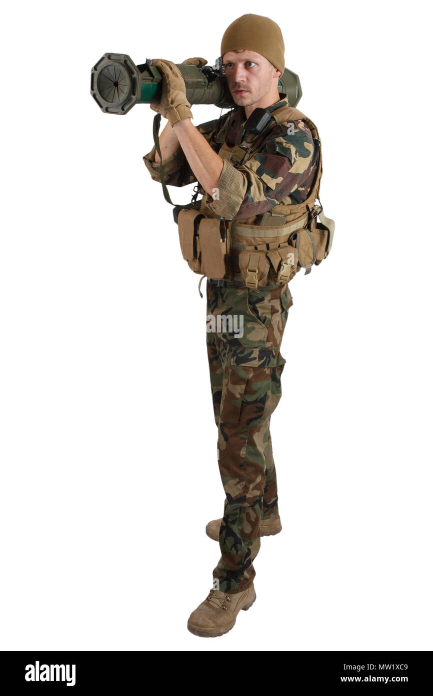 Avec l'opérateur de la Société militaire privée à4 Rocket Launcher isolated on white Banque D'Images