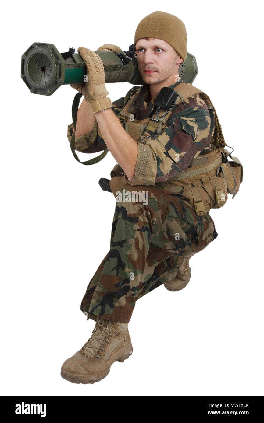 Avec l'opérateur de la Société militaire privée à4 Rocket Launcher isolated on white Banque D'Images