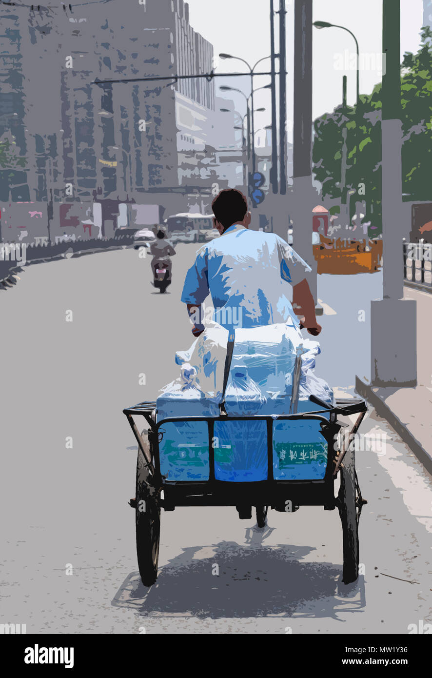 Scène de rue franche montrant vélo avec panier transportant une charge (rendu en PS, illustration), Shanghai, Chine Banque D'Images