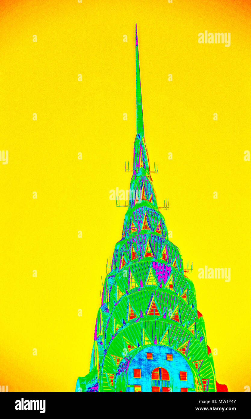 Chrysler Building, le Sommet mondial de l'acier inoxydable ou d'Art Déco et spire (rendu en PS, pop art), par William Van Alen (1928-30), New York, NY, USA Banque D'Images