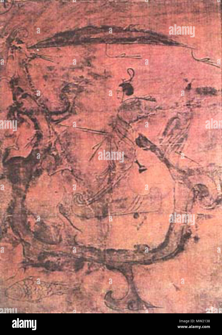 . Anglais : Drakon rider (Chine Ancienne peinture) Русский : Эта картина Всадник верхом «называется на драконе жэньу юй» (лун ту) ней изображен высокий на, статный мужчина бородкой оседлавший дракона, с. Найдена в 1973г.. Китайский живописец Неизвестный 637 verhom drakone Vsadnik na Banque D'Images