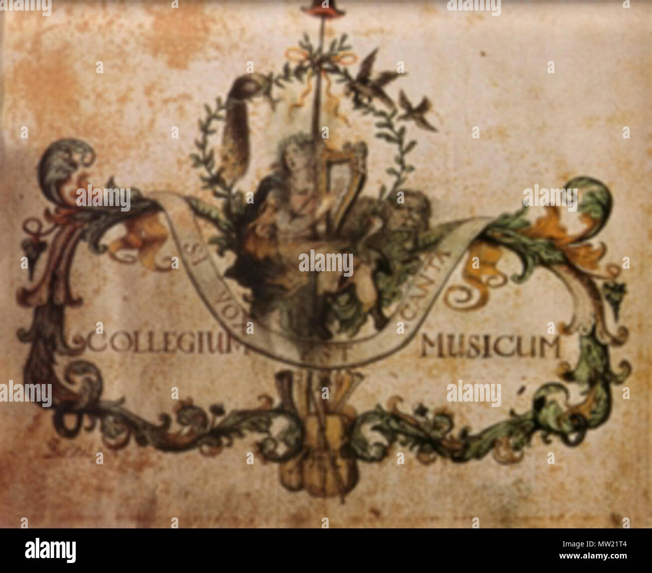 . Nederlands : P. van de Wal, wapenboek (1663-1793, Rijksarchief Gueldre) van het Arnhemse muziekcollege Collegium Musicum Tr Vox est Canta. Image de stelt de legendarische dichter-Orpheus voor dans herdersgewaad zanger, zijn staf rencontré enfouit in het gras, fladderend gestoken vogels om zijn hoofd, een leeuw aan zijn voeten in a general sense, porte de mak bevlogenheid lierspel stemgeluid van het en . 31 mars 2012. P. van de Wal 641 Wapenboek Arnhems Muziekcollege Banque D'Images