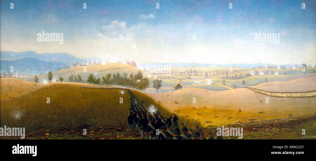 . Anglais : perte de Gallantry-Late sud vers l'après-midi à Sharpsburg. Ce tableau montre les Gallant, mais futile gratuitement par la 7e d'infanterie du Maine. Plusieurs heures après la fin des combats à Bloody Lane, un officier a ordonné l'Union Major Thomas Hyde pour faire avancer ses hommes à travers le champ de maïs et Piper attaque. Les hommes du Maine a fait face à un irritant le feu de l'infanterie et l'artillerie confédérée. Hyde majeur, qui a reçu la médaille d'honneur pour ses actions, a déclaré que toutes les couleurs de la Garde côtière canadienne a été 'shot en bas, mais l'un, qui a éteint notre drapeau criblé de balles." En 20 minutes, ce régiment a subi mo Banque D'Images