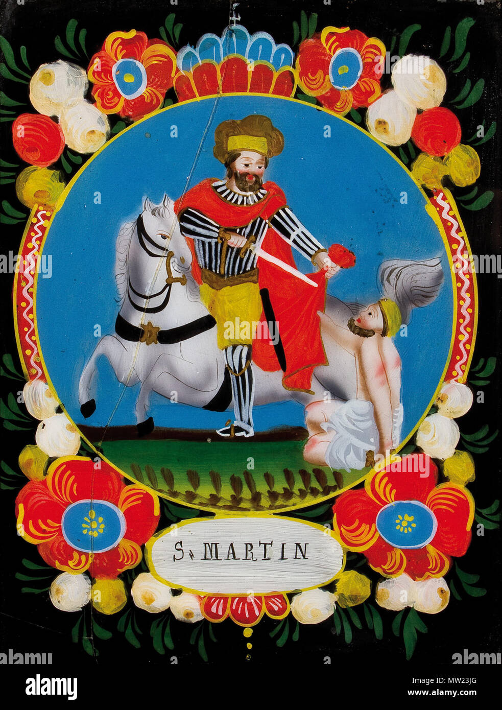 . Deutsch : Saint Martin und der Bettler, Hinterglasbild, 38 x 30,5 cm ; 1. Viertel 19. Jh. 19e siècle. Deutsch : Werkstatt Sebastian Winterhalder, Winderhalder Rötenbach, Schwarzwald 650 (HL) atelier Martin 19JH Banque D'Images