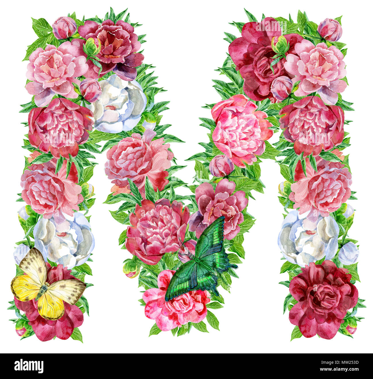 Lettre M de fleurs Aquarelle, dessinés à la main, isolé sur un fond blanc, mariage, design de l'alphabet Banque D'Images