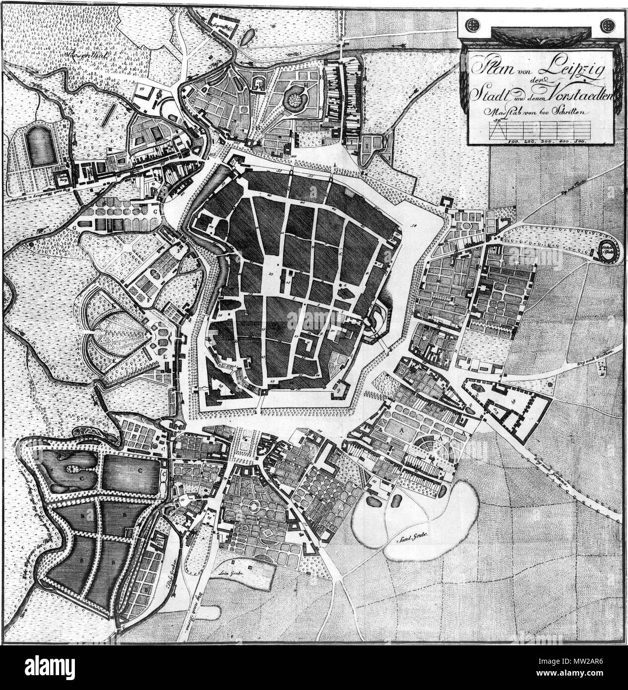 . Anglais : Plan de Leipzig, la ville et leurs banlieues (18 siècle) Deutsch : Plan von Leipzig, der Stadt und en Vorstaedten (18. Jh.) . 16 février 2008 [1781]. Plan de Leipzig Lumu 487 18 siècle Banque D'Images