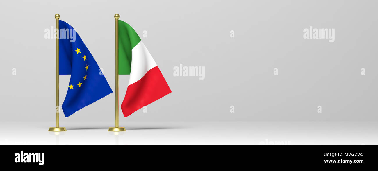 L'Italie et les relations de l'UE, Italexit concept. L'Italie et l'Union européenne drapeaux miniatures sur fond blanc, bannière, copiez l'espace. 3d illustration Banque D'Images