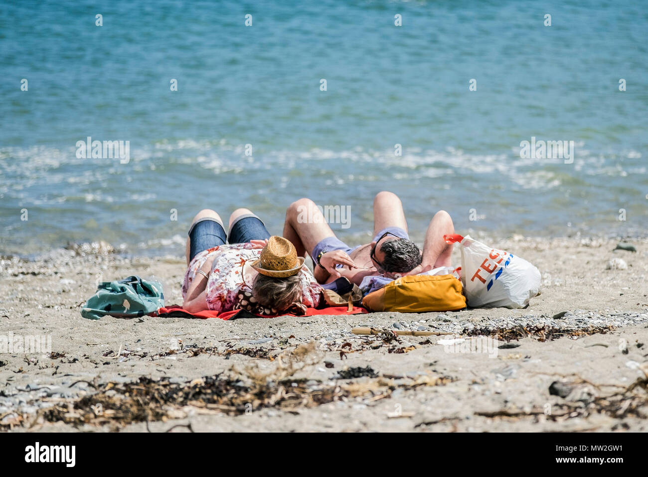 Vacanciers en vacances sur une maison de vacances, bains de soleil sur la plage à Trebah Garden dans les Cornouailles. Banque D'Images