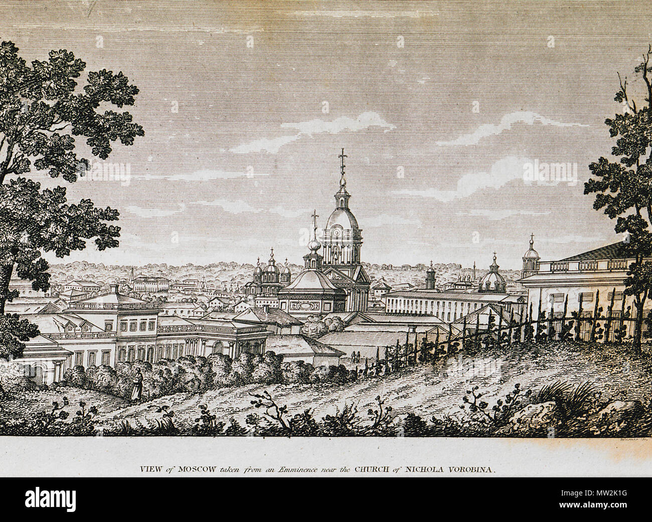 . Anglais : Edward Daniel Clarke. Voyages dans différents pays de l'Europe d'Asie et d'Afrique. La première partie de Tartarie Russie et la Turquie (1810). La deuxième partie de l'Égypte La Grèce et la Terre Sainte (1813). Londres, R. Watts pour Cadell et Davies // L'église se tenait près de l'angle de l'actuel Pôle Vorontsovo Nikolovorobynsky et Lane. Le spectateur regarde au sud, vers l'église de trinité dans Serbryaniki. L'église de trois à gauche et derrière se trouve l'église de St.Clement loin au sud. La photo montre Moscou avant le grand incendie de 1812, qui a détruit la plupart des autres bâtiments dans ce domaine. Русский : Banque D'Images