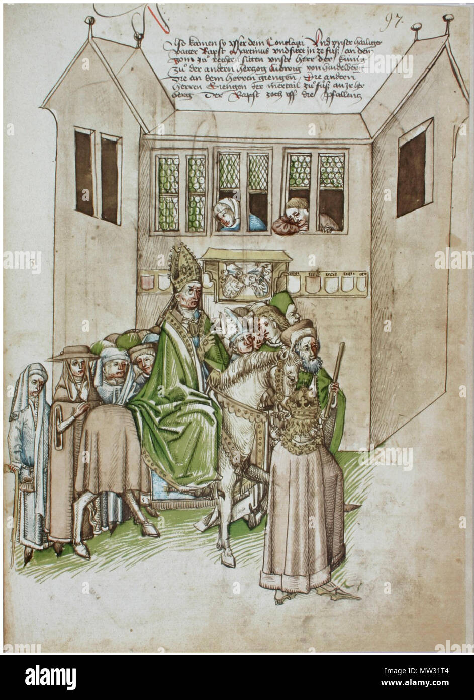 345 neugewählte Konstanzer Richental Chronik Der Kardinal Otto Colonna reitet vom Kaufhaus durch die Stadt zum Münster 97r Banque D'Images