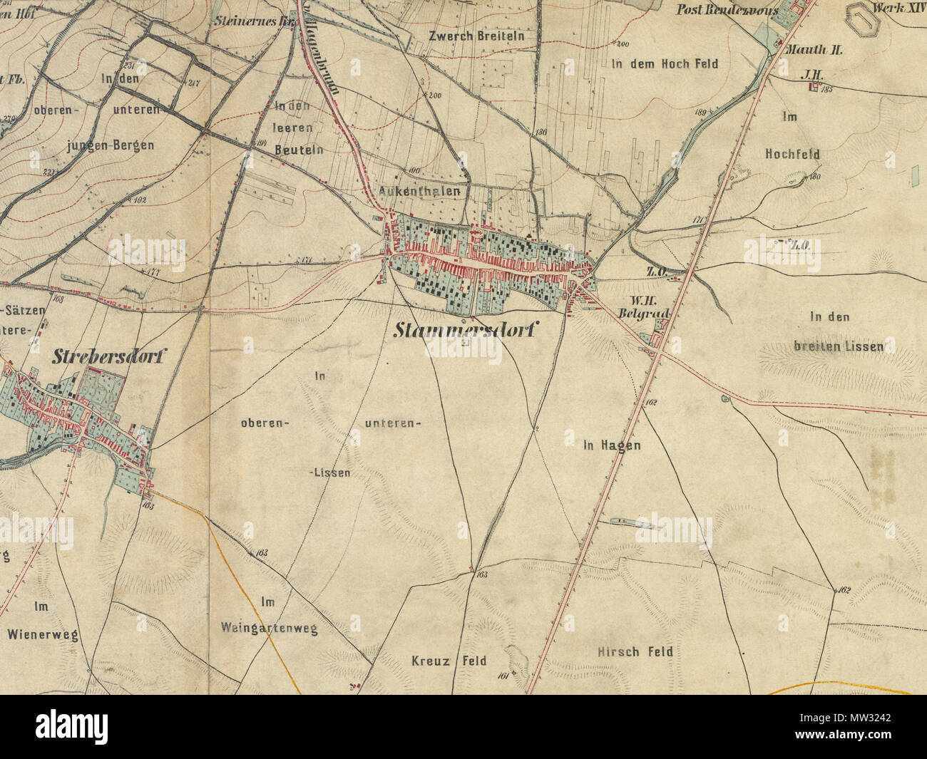 . Anglais : Plan de Stammersdorf, près de Vienne, 1872 Deutsch : Ausschnitt aus historischer Landkarte : Gradkartenblatt 12 Zone colonne XV Section c3 (später 4657/3c). Wien Floridsdorf, Strebersdorf, Heiligenstadt, Bisamberg. Franzisco-josephinische Landesaufnahme (3.) der österreichisch-ungarischen Monarchie. Aufnahmeblatt 1:12.500. Aufnahmeblatt:1 1872Aufgenommen 12,500. Circa 1872 1872 Aufgenommen .. Österreichisch-Ungarische Monarchie, Militärgeographisches Institut 356 LA3 1872 Stammersdorf Banque D'Images