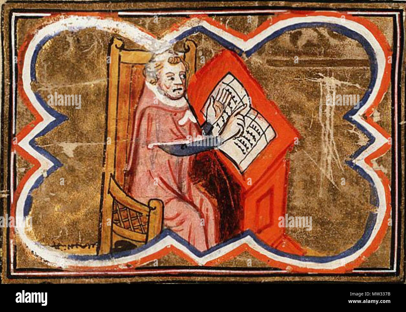 . Anglais : Guyard des Moulins, traducteur de Petrus Comestor's 'Historia Scholastica' Contenu : Guiard des Moulins, Bible historiale Complétée Lieu d'origine, date : Paris ; c. 1370-1380 Matériau : papier vélin, 444 ff., 391x272 (281x180 mm), 58 lignes, littera Textualis propose, Reliure : début 19ème siècle en cuir rouge doré (1814) ; décoration : deux colonnes 2 miniatures (150/130x180 mm) ; la colonne 26 miniatures (75/45x85/80 mm) ; initiales décorées avec bordure décoration (ff. 1R, 2r, 2v, 37R, 59r, etc.) ; penwork initiales tout au long de Provenance : présenté en 1665 par Maria Ignatia Lorraine d'Elbeuf (1629-1679), fille Banque D'Images