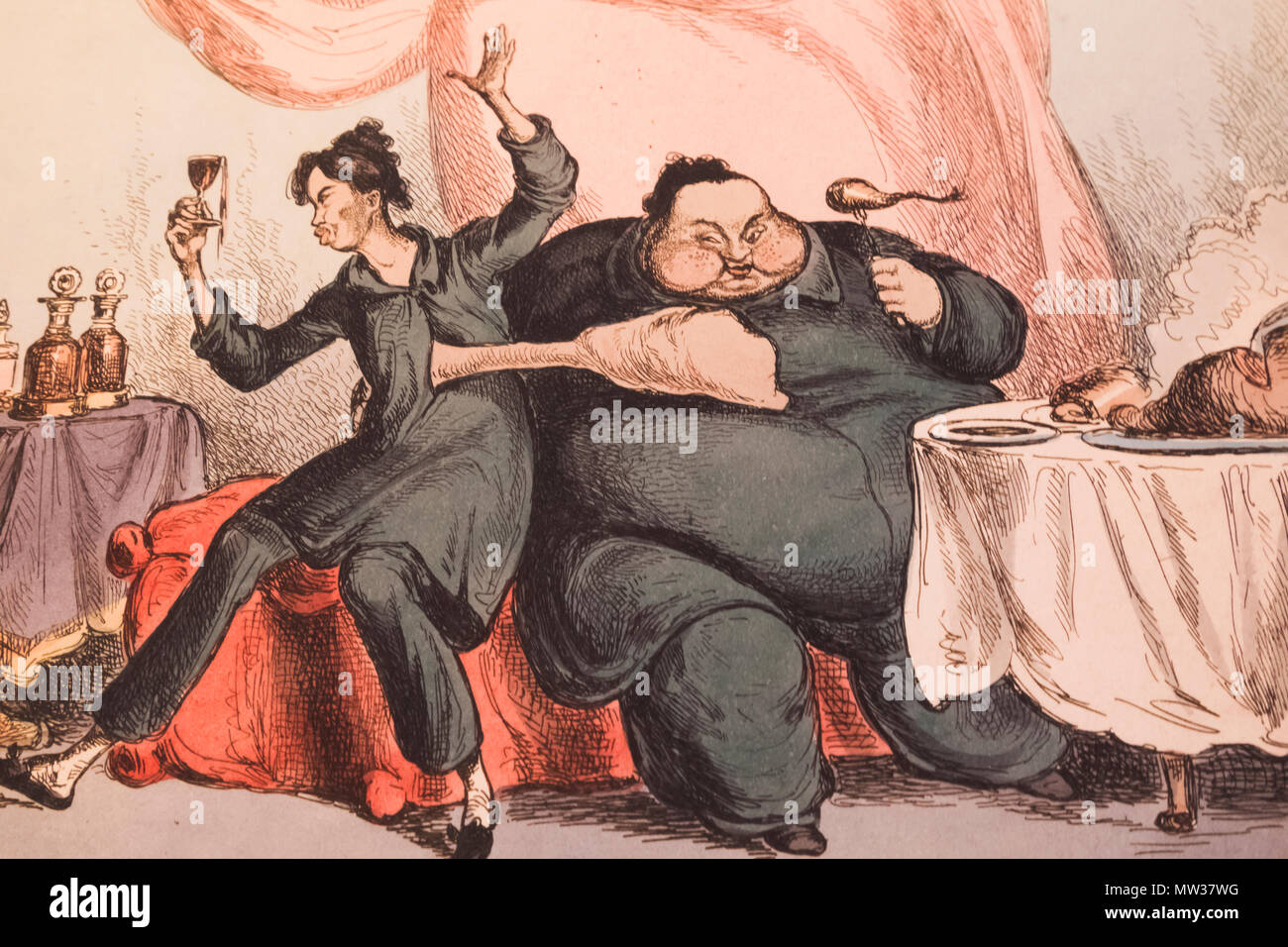 L'Angleterre, Londres, The Wellcome Collection, gravure couleur des frères siamois frères siamois Chang et Eng Manger et boire à l'Excès Banque D'Images