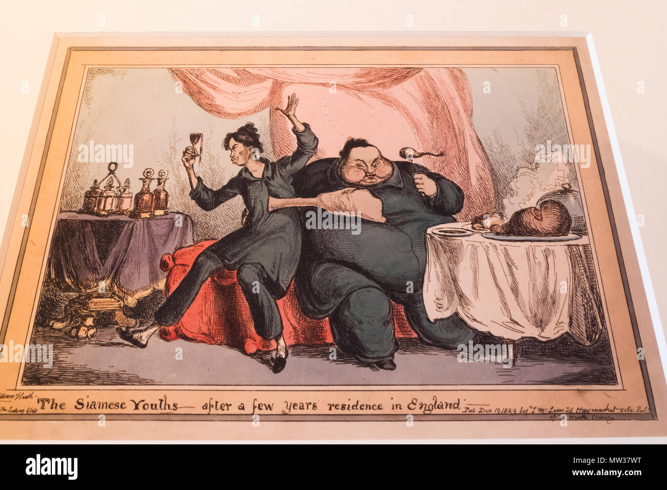 L'Angleterre, Londres, The Wellcome Collection, gravure couleur des frères siamois frères siamois Chang et Eng Manger et boire à l'Excès Banque D'Images