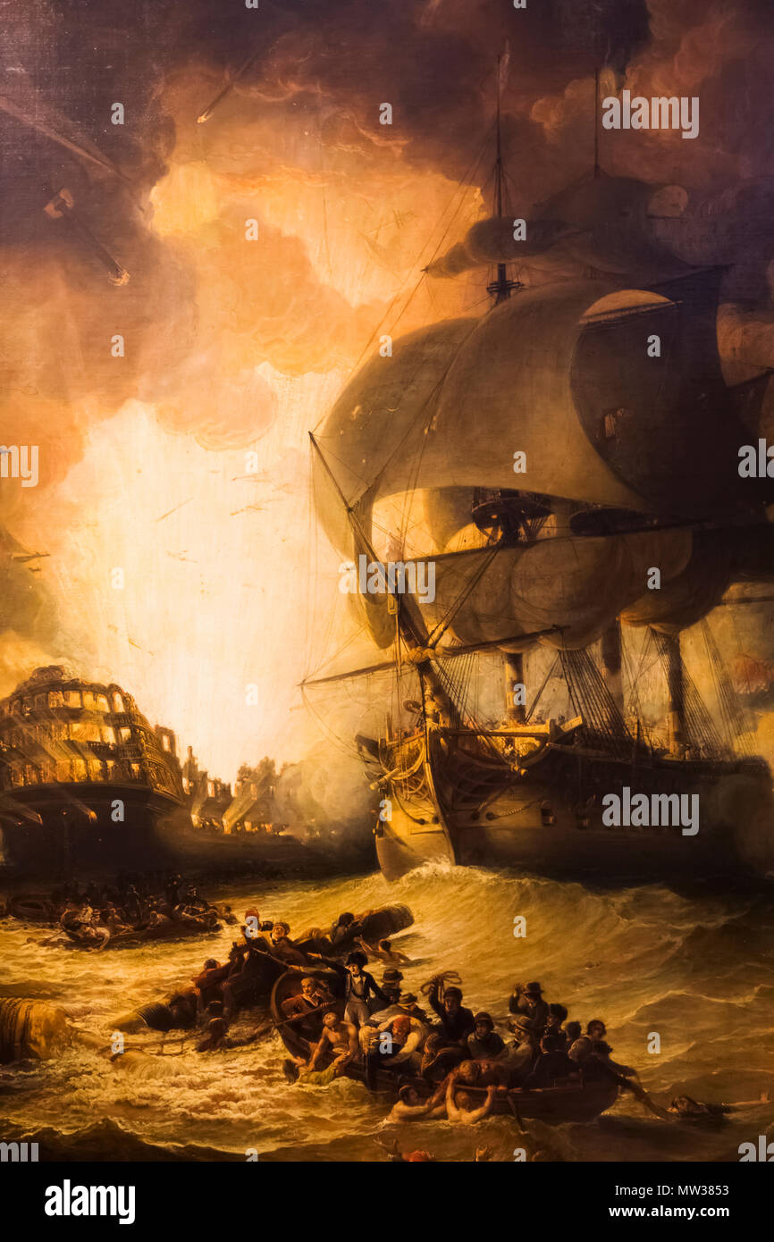 L'Angleterre, la peinture de l'explosion sur le navire amiral français L'Orient pendant la bataille du Nil en date du 1795 Banque D'Images