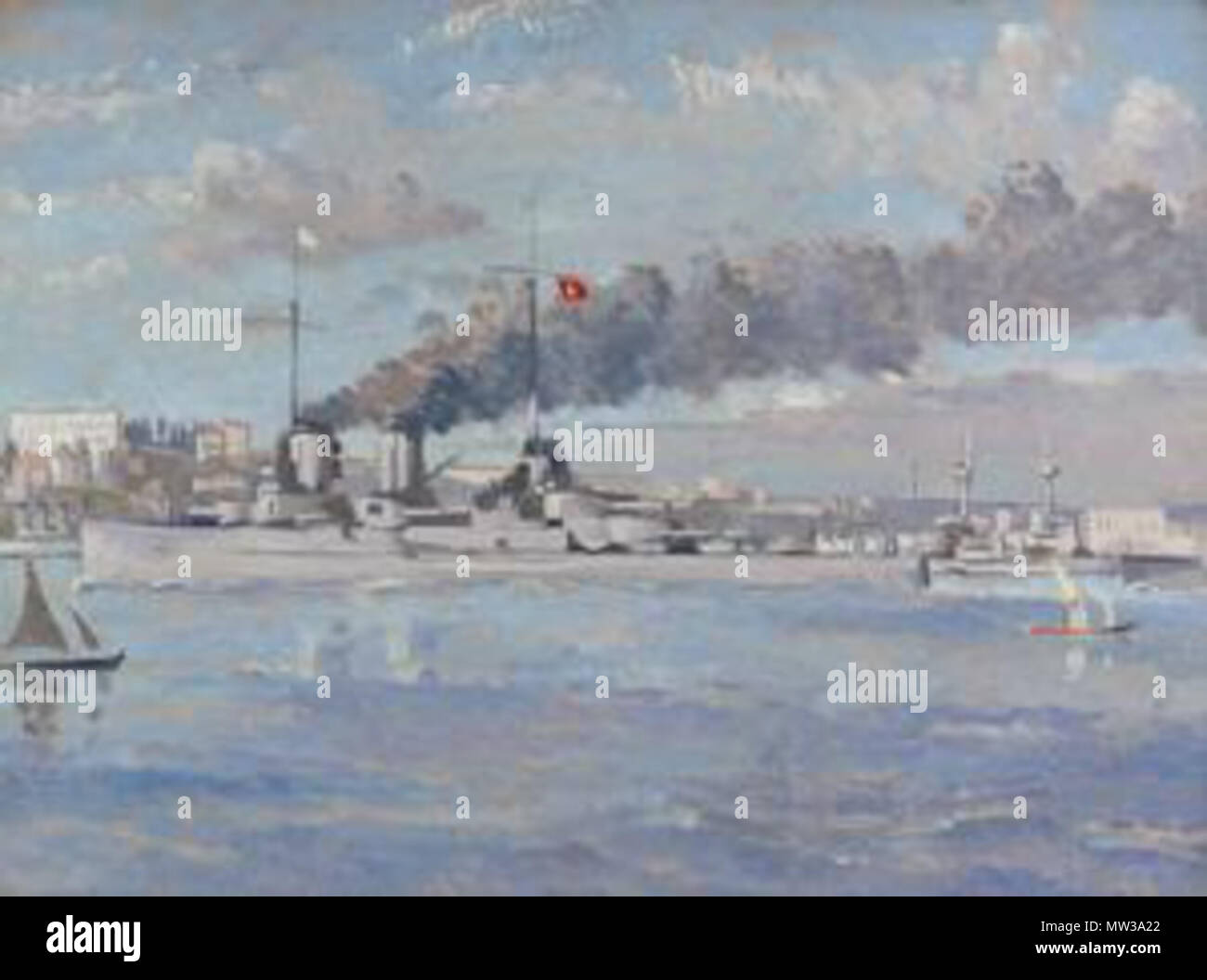 . Anglais : l'abandon de la "Goeben" : Passer l'ambassade d'Allemagne, Constantinople, battant le drapeau blanc. Un navire de navigation à travers la rivière à Constantinople, soufflant la fumée noire par son entonnoir. Il y a un drapeau blanc sur son mât de misaine. Navires de plus peut être vu dans l'arrière-plan, et plusieurs petits bateaux à voile à l'avant-plan. Ligne de bâtiments de la côte au loin. 1919. Philip Connard (1875-1958) Noms alternatifs Philipp Connard Description peintre britannique British artist Date de naissance/décès 24 mars 1875 8 décembre 1958 Lieu de naissance/décès Southport Londres Banque D'Images