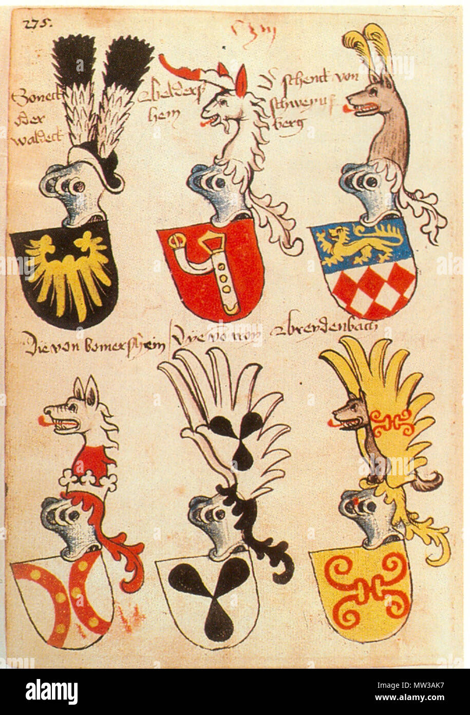 . Ingeram-Codex der ehemaligen Bibliothek Cotta C3iij Boneck/oder/Belderß waldeck/hem D(ie) schenck von/schweynß bomerßheim Die von Berg/Dye vo(n) Troy von Waldeck (Soneck breydenbach, Saneck Sooneck : in Schwarz ein goldener, hängender Flügel, auf dem Helm ein schwarzer, silbern gestulpter Turnierhut mit zwei-Federstößen geteilten silbern schwarz. Zobel, Aufschlag Tafel 354 Golden, Federstöße ganz schwarz, Decken schwarz-doré. Gruber S. 136-137, Aufschlag golden, Federstöße übereck geteilt golden-schwarz, Decken schwarz-doré. Bellersheim : pourriture dans ein silberner, golden verzierter Gürtel, auf Banque D'Images