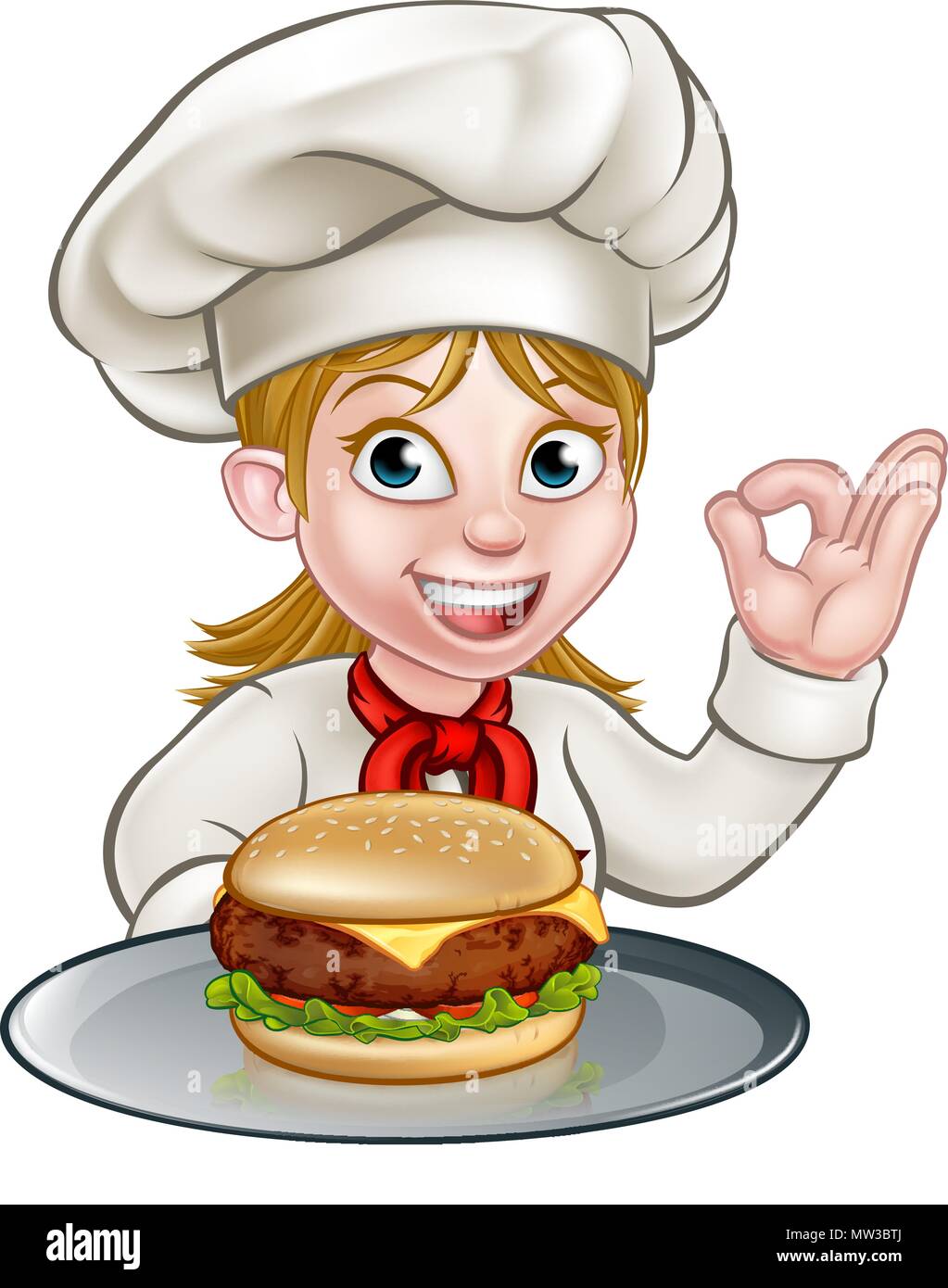 Personnage de femme chef Holding Burger Illustration de Vecteur