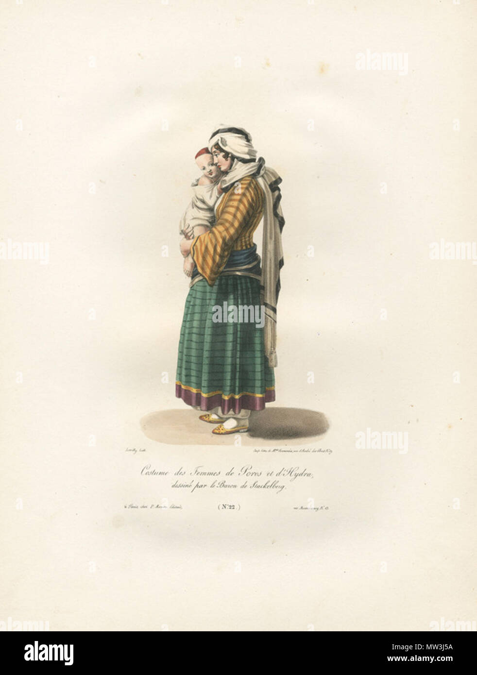 Costume 144 des femmes de Poros et Hydra, dessiné par le baron de Stackelberg - Otto Magnus Von Stackelberg - 1828 Banque D'Images