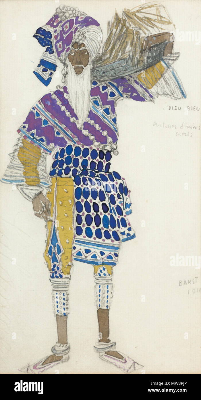 . Эскиз постановки Синий бог для 'Райнальдо Гана'. 1912 (création de costumes pour 'Dieu' Bleu) Léon Bakst 1866 - 1924 LA CONCEPTION DE COSTUMES POUR LE DIEU BLEU a signé en Amérique et datée 1911 l.r. ; d'autres inscrits Dieu bleu, porteurs d'herbes sacrés t.r. aquarelle et gouache sur crayon renforcé avec de l'argent sur papier 27,5 15,5 cm, par 10 par 6 3/4 in. 1911. Bakst 362 Le Dieu Bleu par Bakst 15 Banque D'Images