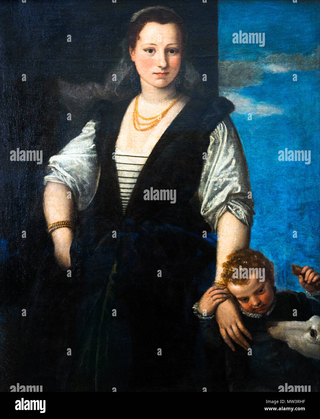 Portrait d'une femme avec son enfant et chien par Veronese (Paolo Caliari) (Vérone 1528 - Venezia) Banque D'Images