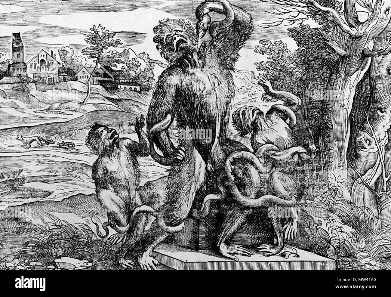 . Parodie de la groupe de Laocoon les singes. L'article de Wikipedia de Laocoön et ses fils : une gravure, probablement d'après un dessin de Titien, parodié la sculpture en représentant trois singes au lieu de l'homme. Il a souvent été interprétée comme une satire de la maladresse de la copie Bandinelli, mais il a également été suggéré que c'était un commentaire sur les débats du moment sur les similitudes entre l'humain et l'ape l'anatomie. 16e siècle 112 Caricature du groupe de Laocoon les singes Banque D'Images