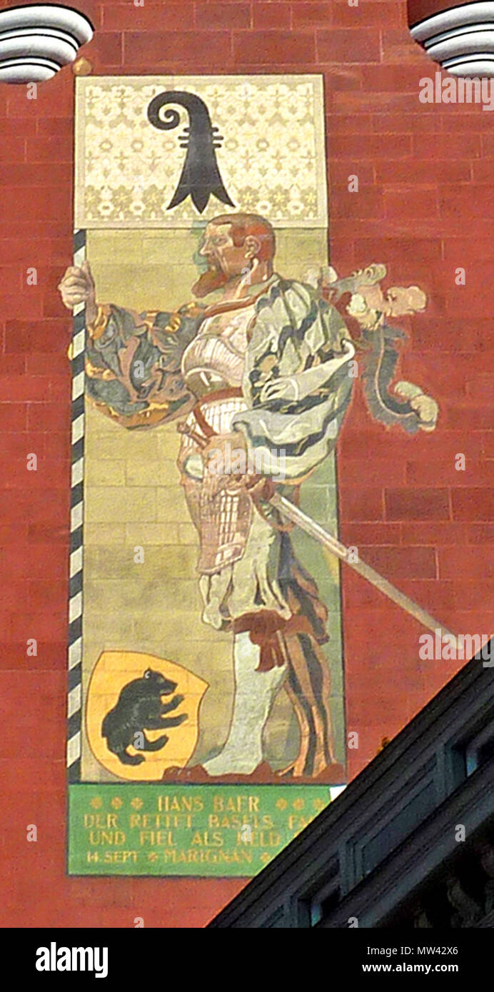 . Anglais : Hans Bär, qui a sauvé la bannière de Bâle et est mort d'un héros dans la bataille de Marignan (1515), ici dans une fresque sur la tour de l'Hôtel de ville de Bâle peint par Wilhelm Balmer en 1901. . Fichier : 2010-09-05 ; illustrations : 1901265 Hans Baer (Wilhelm Balmer) Banque D'Images