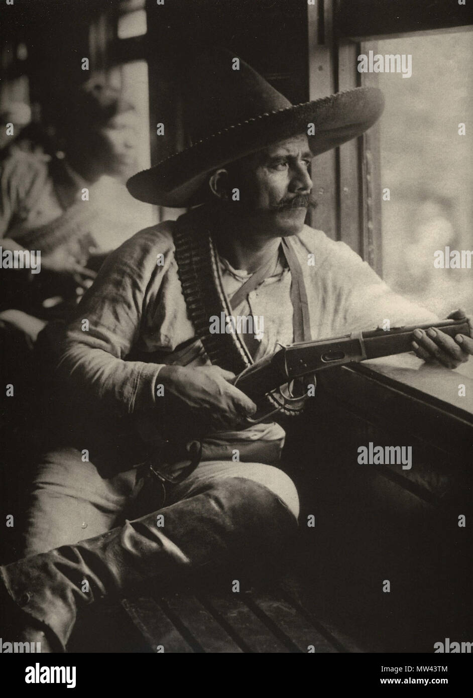 . Español : Miembros del Cuerpo de Policía Mexicano Rural en tren durante la Revolución Mexicana. Esta fotografía apareció publicada por primera vez en la Revista de Revistas. Mayo de 1912, por Manuel Ramos. Mai 1912. Manuel Ramos 391 Manuel Ramos Rural Guardia Banque D'Images