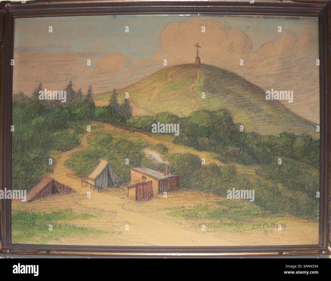 . Anglais : peinture de Lone Mountain, en Californie par Alice Brun Chittenden, 1910 (daté sur la peinture des cabanes ou tentes). En premier plan sont du tremblement de terre de San Francisco de 1906. 27 février 2011, 10:58:28. Chittenden Alice Brun 375 Lone Mountain ca 1910 Banque D'Images