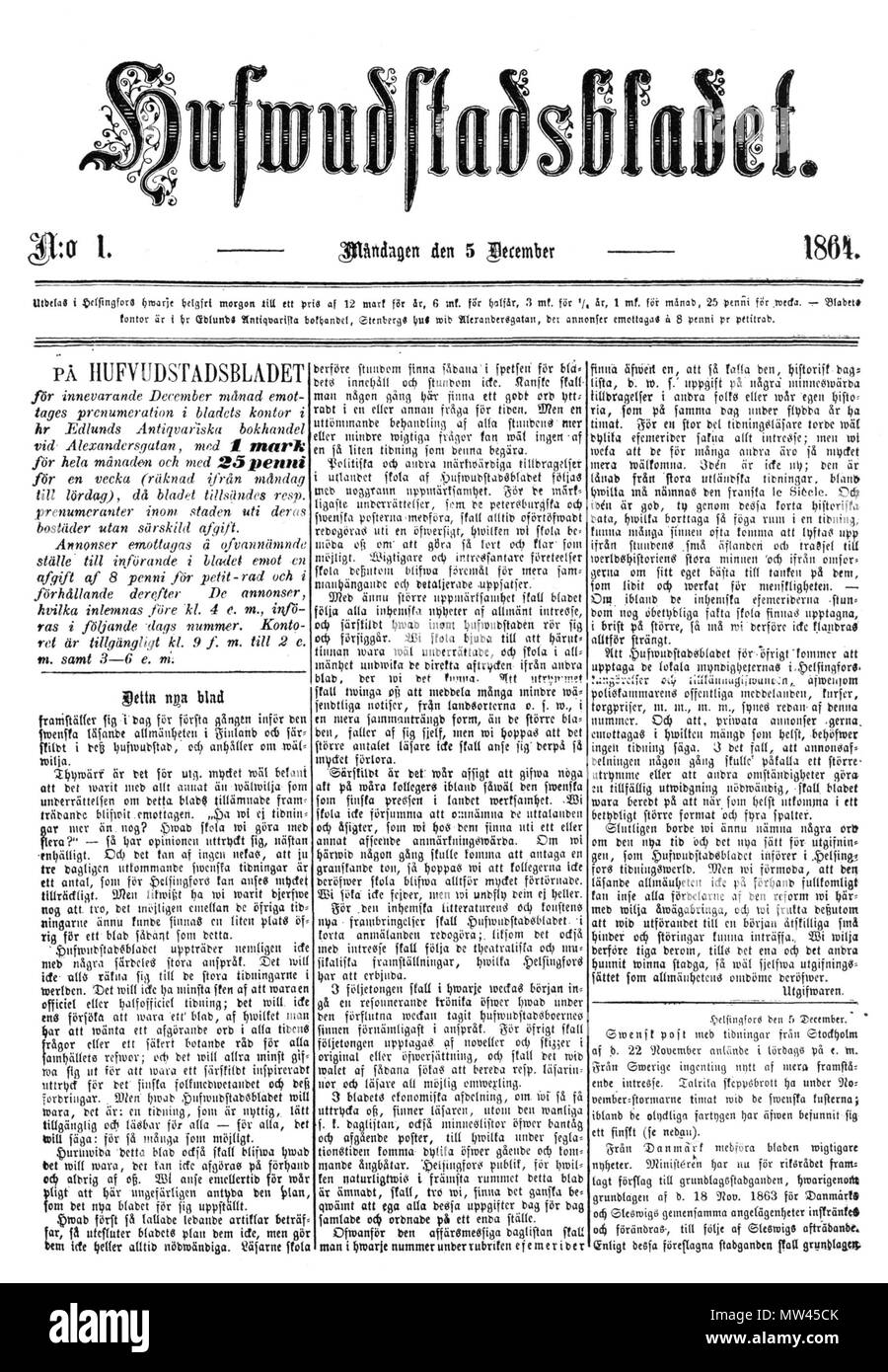 . Anglais : le premier numéro de Hufvudstadsbladet, le 5 décembre 1864. 5 décembre 1864. 288 n° 1 Husis inconnu Banque D'Images