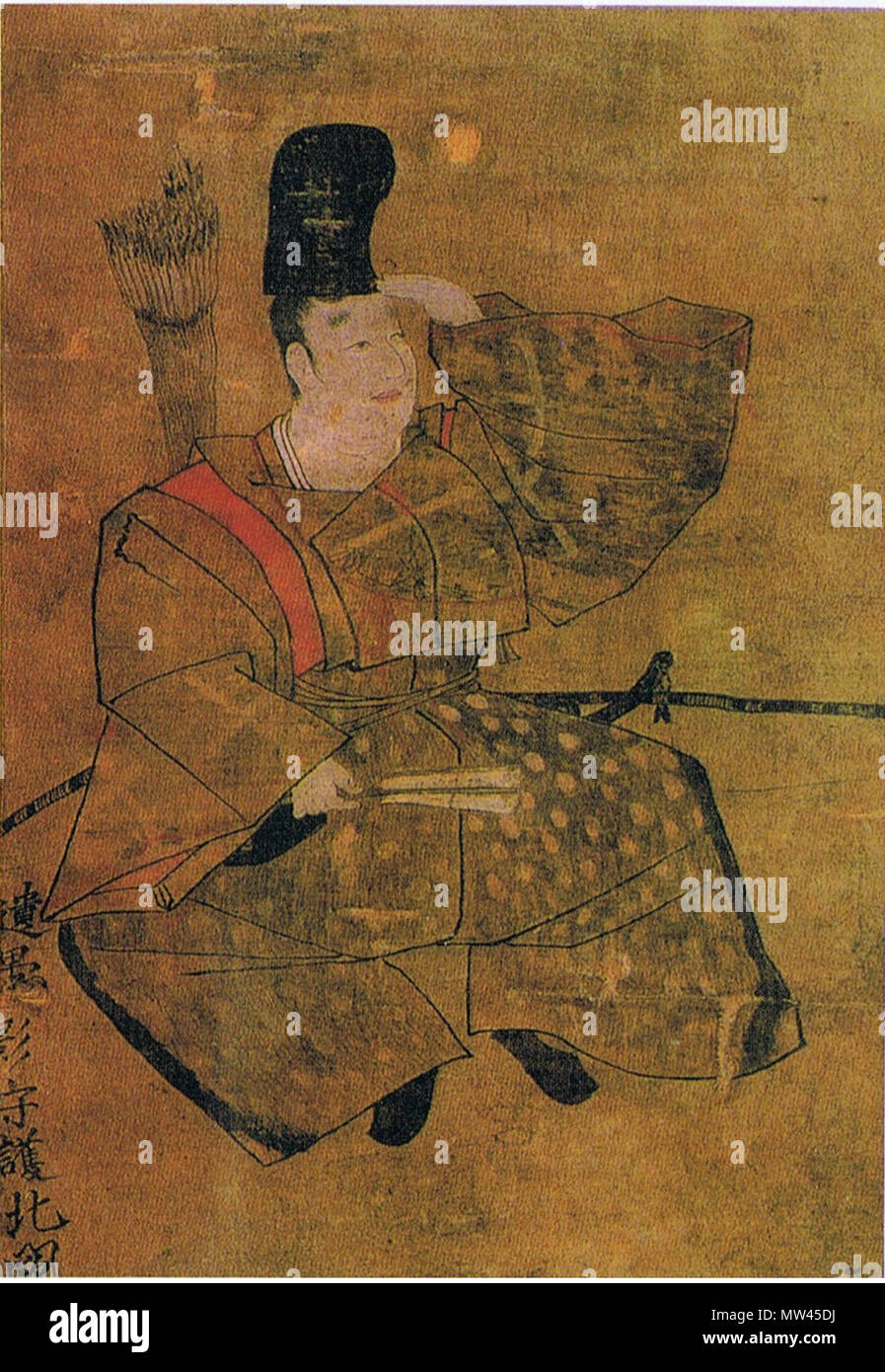 伝島津忠久画像 日本語 絹本著色 京都の高山寺に伝えられていたもの 松方正義筆の 忠久公画像記 によれば 元治元年 に島津久光が本作品を見て 1864年31のちに島津忠義が松方正義に依頼して明治 18 年 年 島津家に譲られたという 南北朝時代