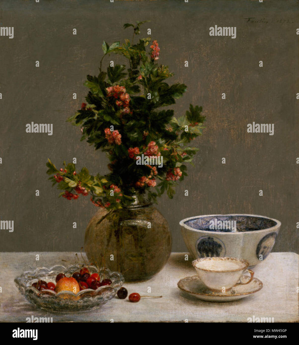 . English : Nature morte aux vase d'aubépine, bol de cerises, bol japonais, tasse et soucoupe (1872), Dallas Museum of Art, huile sur toile 60 x 25 cm . 13 février 2014 202 vase cheeries Fantin 13 fev 2014 Banque D'Images