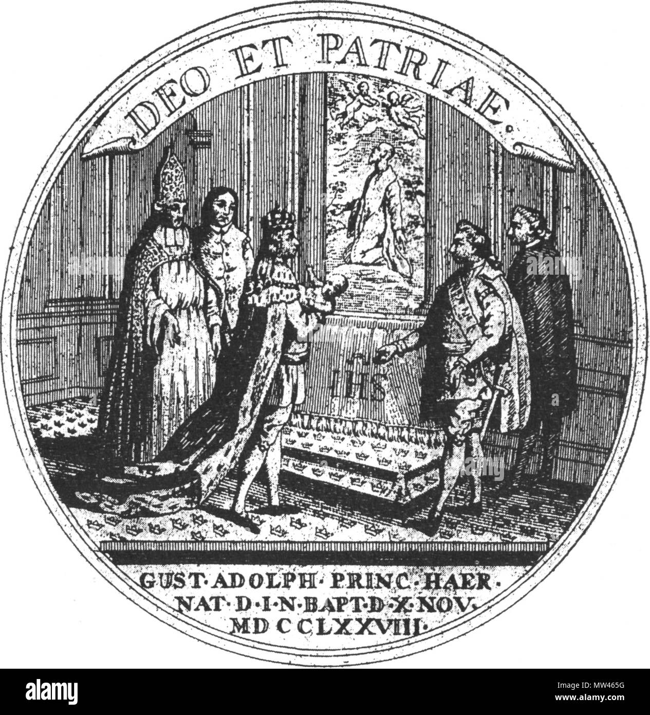 . Svenska : Kronprins tdc Gustav Adolfs 10 novembre 1778. Gustav III sin son överlämnar talmän riksdagens till. T.v. Förrättade dopet ärkebiskop Mennander som. Gravyr efter Gustaf Ljungberger. 18e siècle. Gustaf Ljungberger. 349 Kronprins tdc 1778 Gustav Adolf Banque D'Images