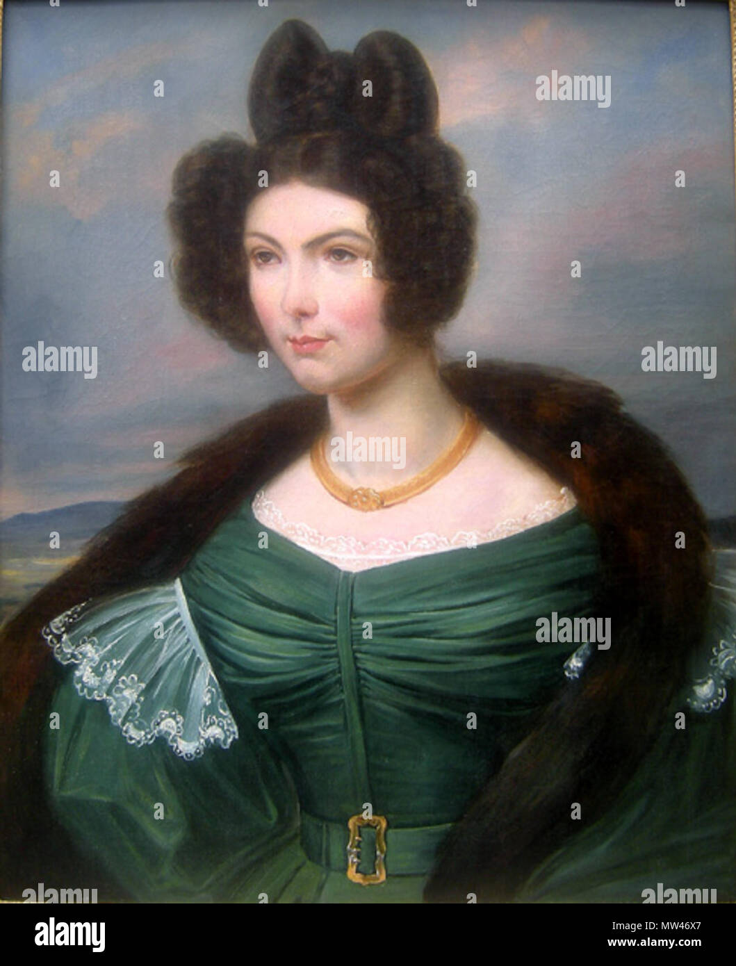 Portrait d'une jeune femme dans une robe verte et d'une cape de fourrure.  Le français, au début du xixe siècle. Huile sur toile. 60 x 74 cm . 19e  siècle. 495