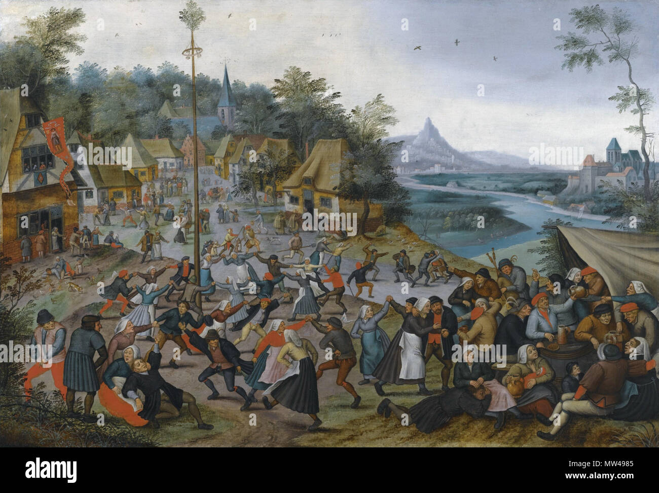 . Anglais : St George's Kermis avec la danse autour du poteau "Maypole" huile sur panneau 52,5 x 76 cm signé l.l. : P. BREVGHEL 16.. . 16e siècle 571 Rue George Kermis avec la danse autour de l'arbre de mai par Pieter Brueghel le Jeune Banque D'Images