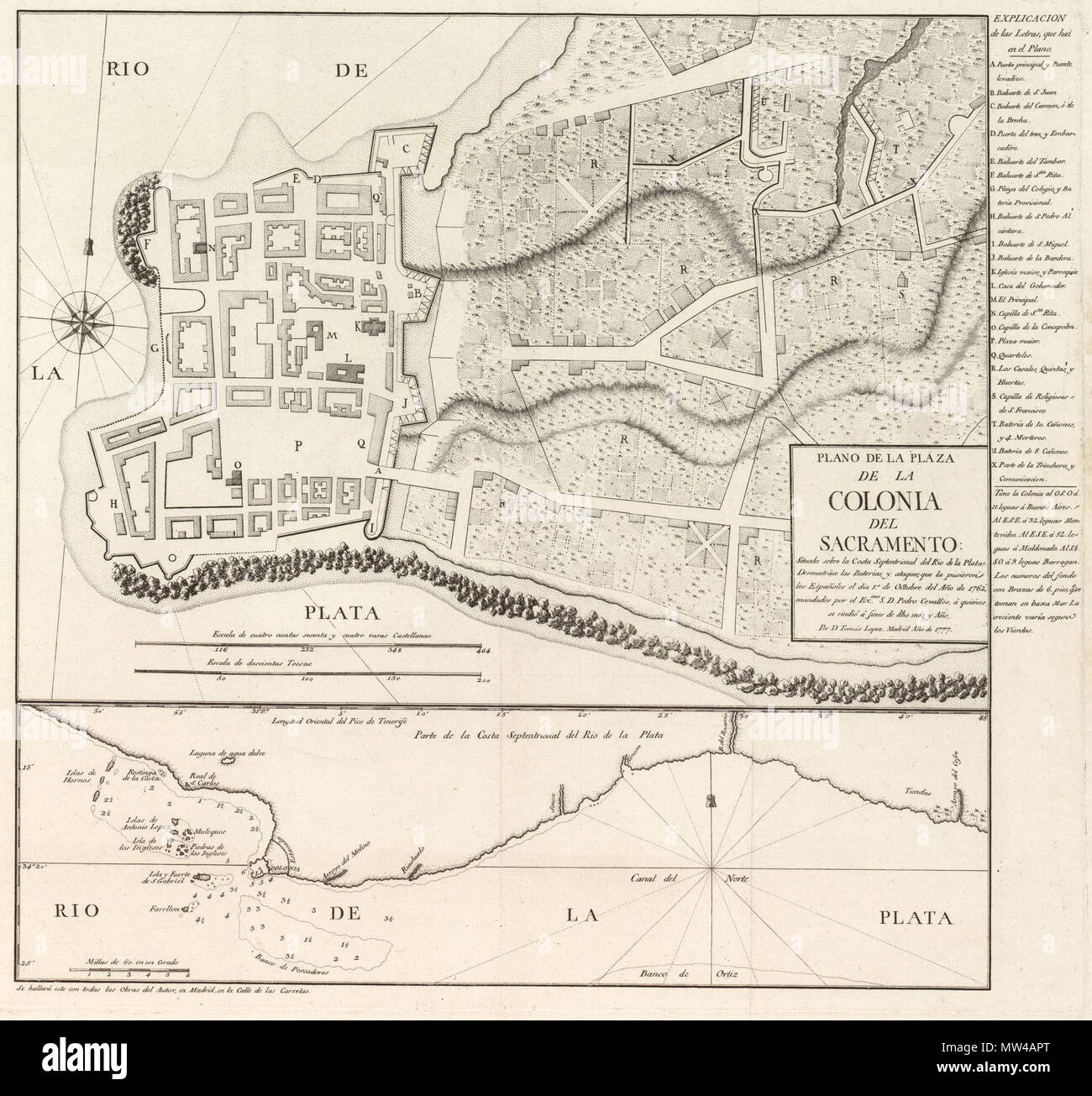 . Anglais : Plan de Colonia del Sacramento fait par Tomás López en 1777 . 18 février 2012. Tomás López 138 Colonia-1777-Map Banque D'Images