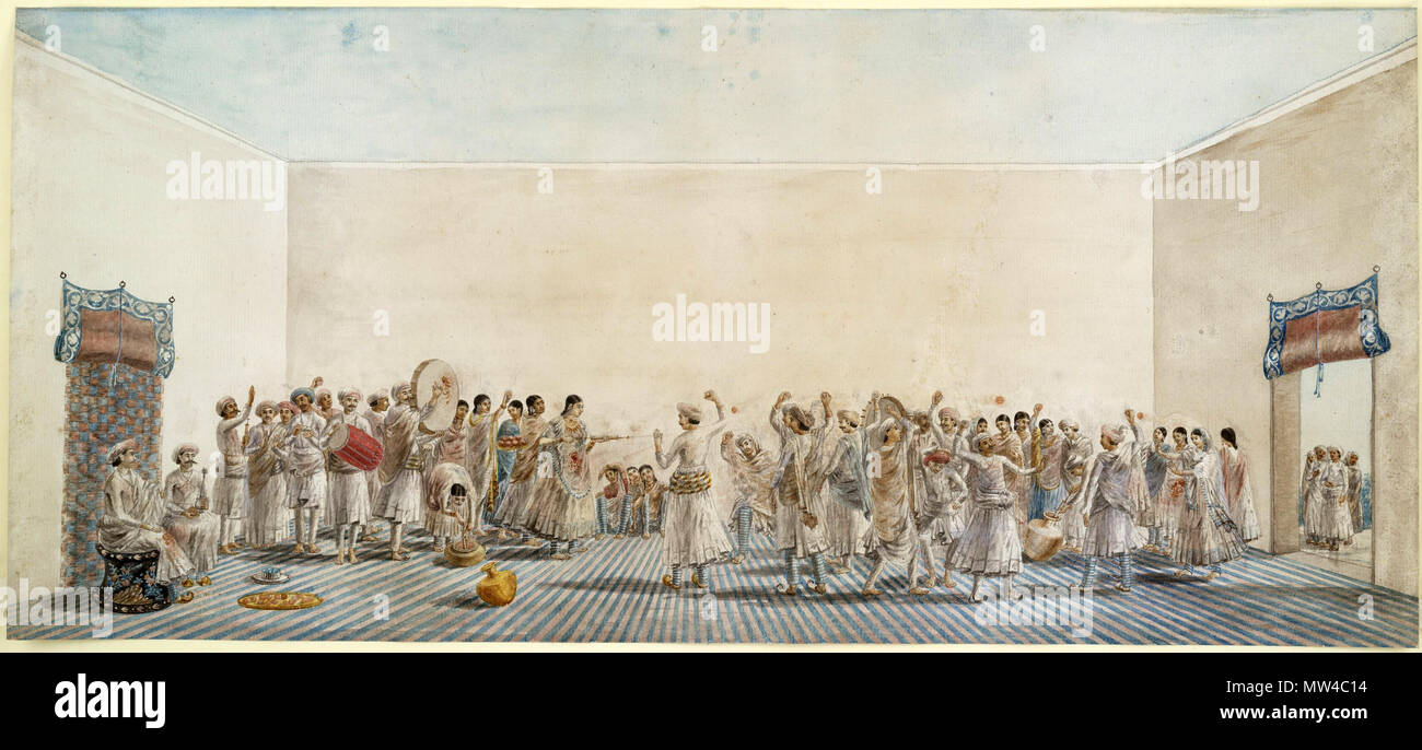 . Anglais : Holi joué dans la cour, ca 1795 peinture. Style de Patna inscrit sur l'arrière du dessin est : 'no4. Le cadeau de l'E.E. Pote Esqr. Elizath Collins. vers 1795. 282 anonyme Holi joué dans la cour, ca 1795 Peinture Banque D'Images
