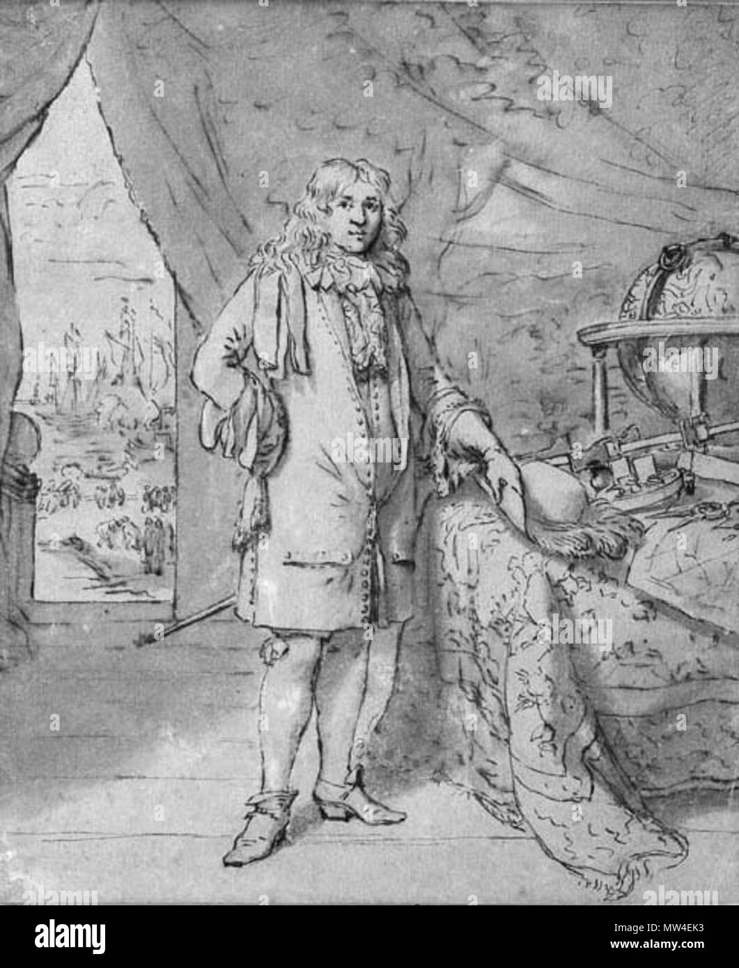 . Anglais : Navigator par une table avec un globe céleste, un personnel de la Croix-Rouge, un astrolabe, un compas et des cartes, une frégate en tirant une salve au-delà de l'étude préliminaire pour une peinture craie noire, plume et encre brune, gris sur papier brun léger lavage 26,4 x 22 cm . Avant 1693 439 Navigator par une table, par Jan Verkolje Banque D'Images