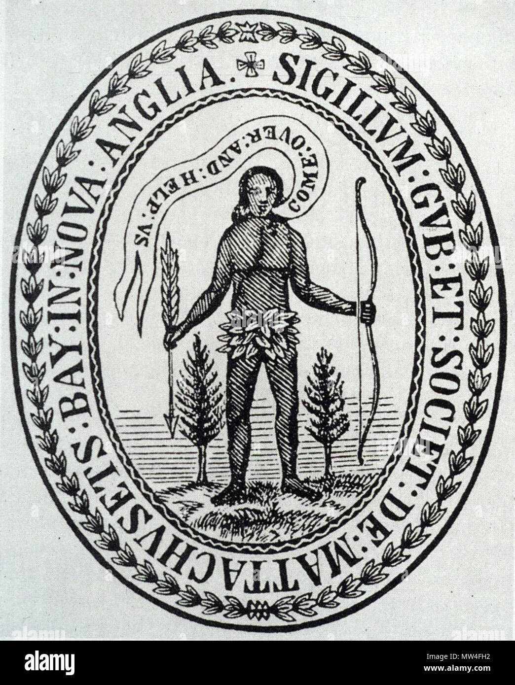 . Anglais : Joint du Massachusetts : En 1629, le roi Charles Ier accorde une charte à la colonie de la baie du Massachusetts, qui comprend le pouvoir de prendre et d'utiliser un sceau. Il a comporté un Indien tenant une flèche dirigée vers le bas dans un geste de paix, et l'improbable mots "Venir et nous aider," soulignant les intentions commerciales et missionnaire de l'original des colons. 28 novembre 2012, 06:28:08. Inconnu 405 Colonie de la baie du Massachusetts, 1629 Banque D'Images