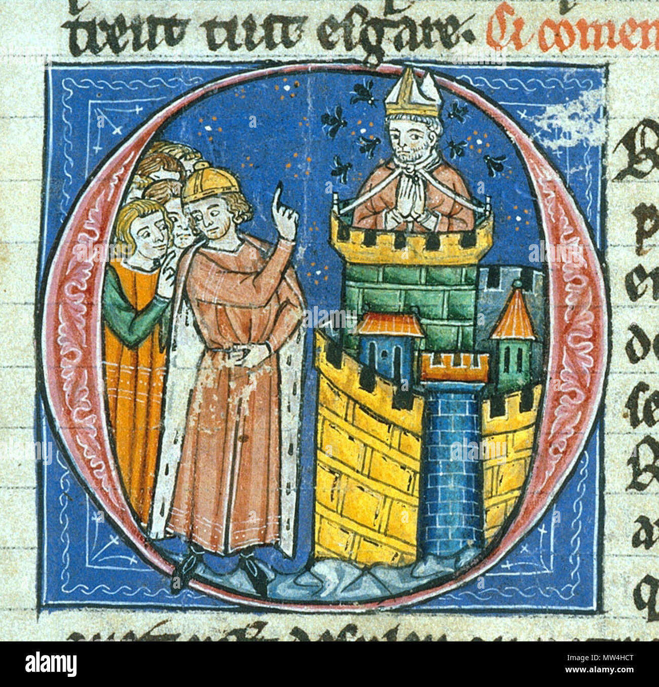 . Le British Museum description lit «détail d'une initiale historiée 'O'(rous) du Patriarche d'Antioche était lié à une tour et enduit de miel pour attirer les abeilles." . 13e siècle. 470 inconnu d'Antioche Banque D'Images