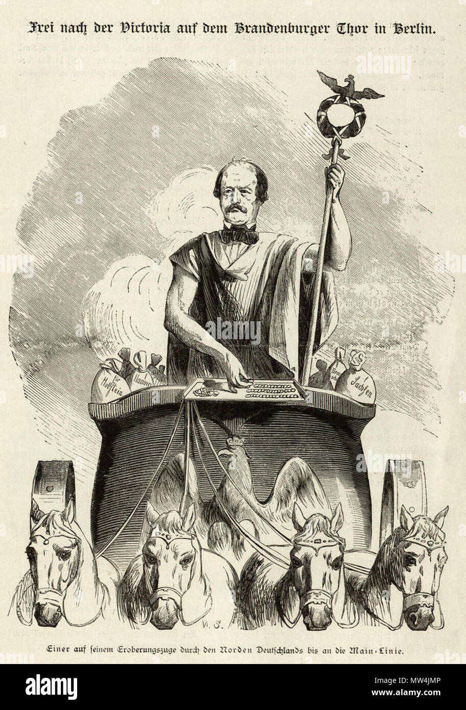 . Deutsch : Bismarck-Album des Kladderadatsch. "Frei nach der Victoria auf dem Brandenburger Thor dans Berlin.' Karikatur zu den les négociations Bismarcks dans Deutsch-Dänischen Norddeutschland nach dem Krieg. 1865. Wilhelm Scholz 285 Httpdigi.ub.uni-heidelberg.dediglitklabismarck18900036 Banque D'Images