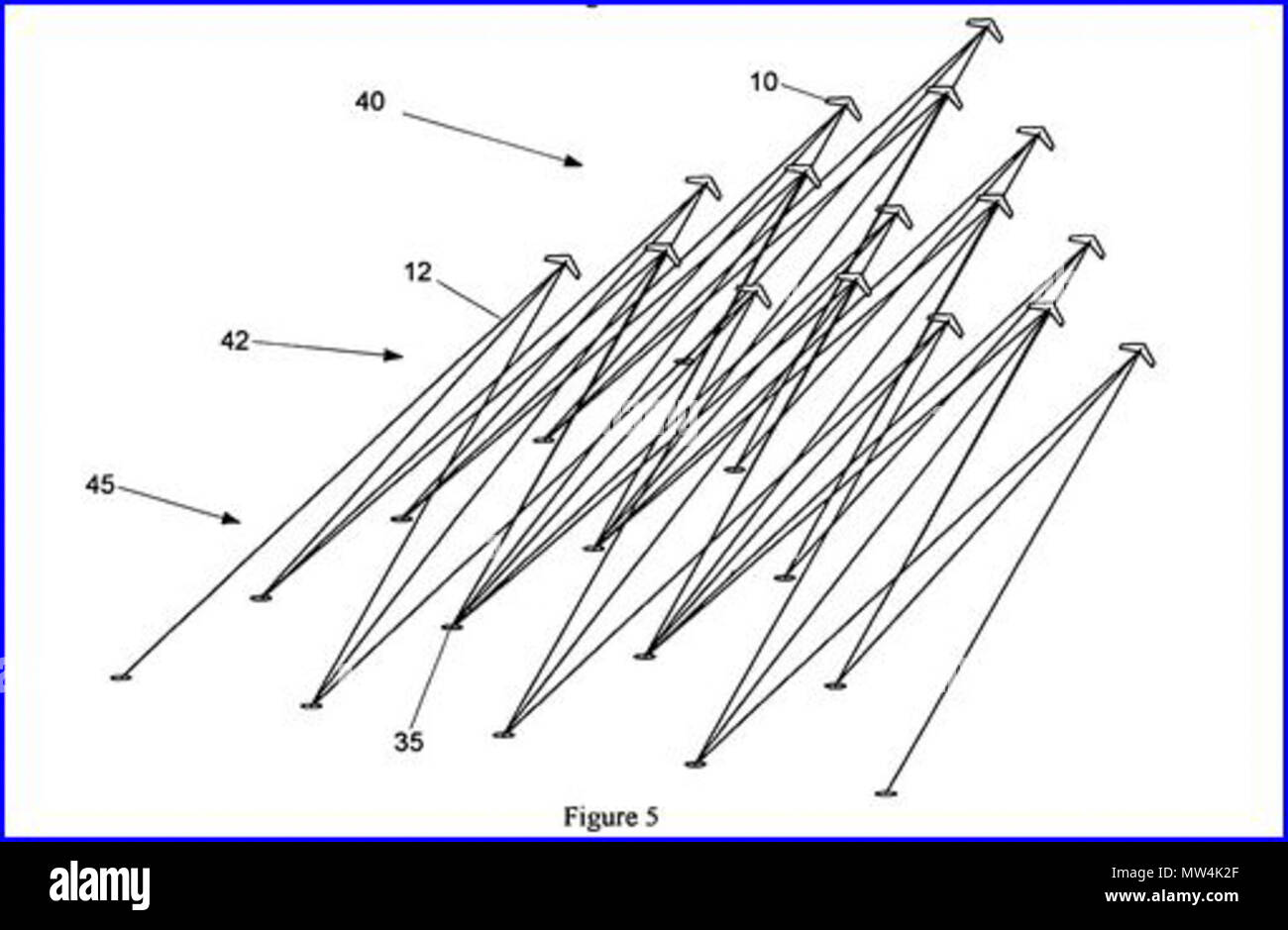 . Anglais : Diagramme de United States Patent 8066225 illustre une idée pour capturer le vent à partir de plusieurs directions à l'aide d'un grand nombre de cerfs-volants. tethereed 27 juin 2013, 10:16:45. Benjamin Tigner 80 BenjaminTignerFig5US8066225 Banque D'Images