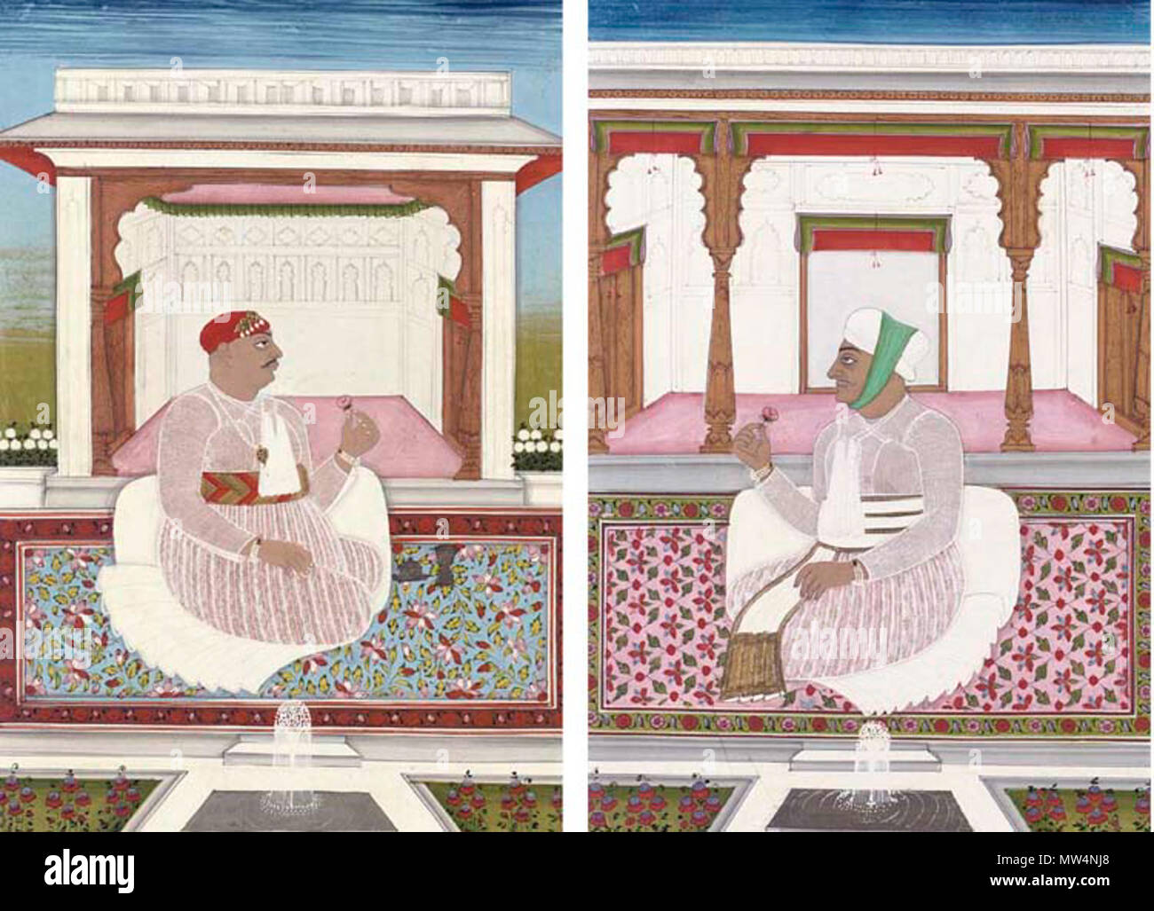 . Deux portraits HYDERABAD, circa 1808-16 . Nizam Sikandar Jah (r.1803-29), vu dans deux paramètres cour 'DEUX PORTRAITS, Hyderabad, vers 1808-16. Or rehaussée de gouache sur papier, chacun représentant Nizam Mir Akbar Ali Khan Sikandar Jah, chacun assis sur un tapis dans un jardin en face d'une terrasse, chaque boîte à miniature et monté. Chaque 8 x 5½in. (20,4 x 14,1 cm.). vers 1808-16. Nizam Sikandar Hyderabad, 446 Jah (r.1803-29) Banque D'Images