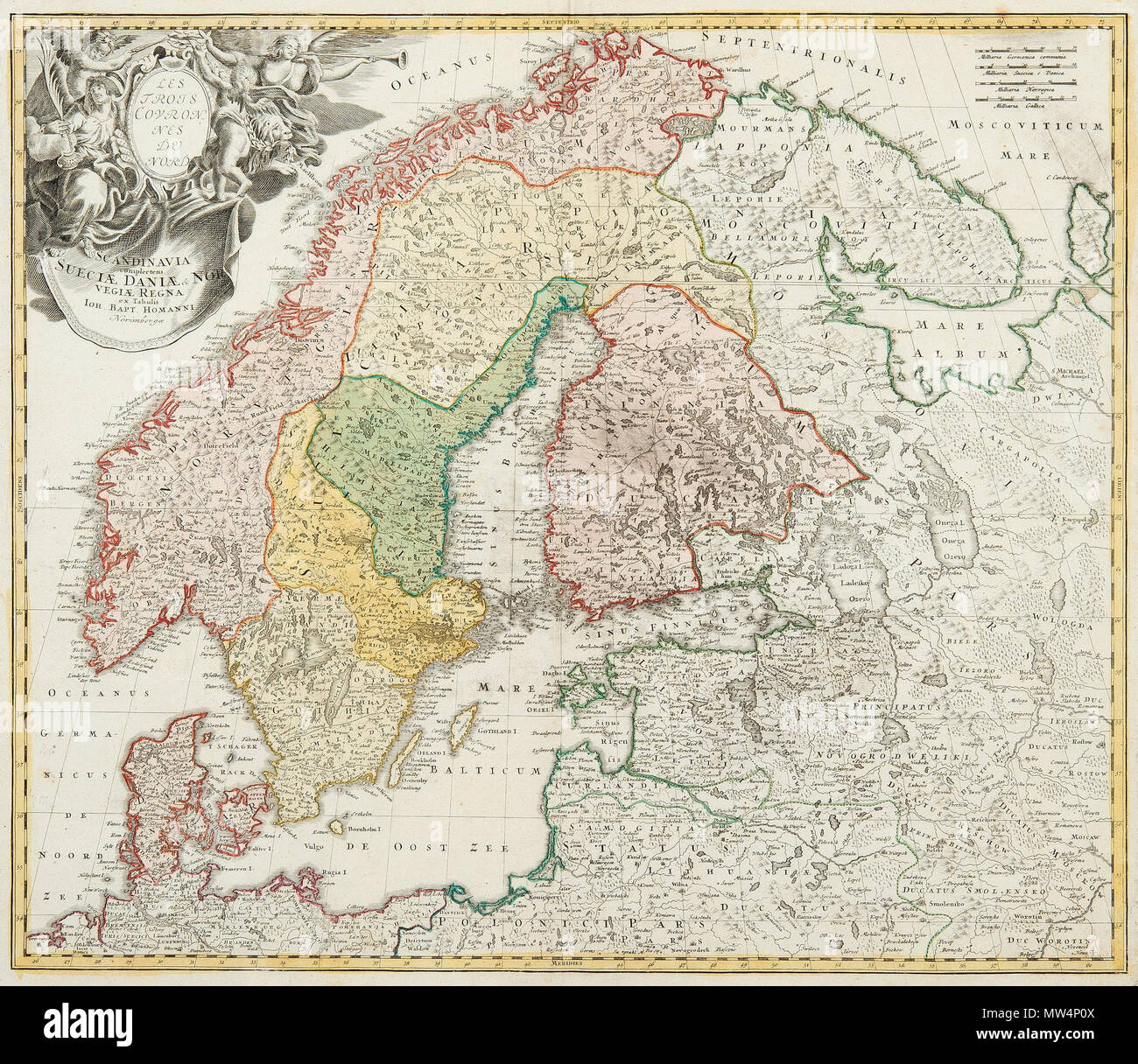 . Anglais : Carte de la Scandinavie à partir de ca. 1750. Français : Les Trois Courones du Nord. Scandinavie Complectens Sueciae Daniae et Ni. Johan Baptist Homann. Nürnberg, ca 1750. 48x56 cm. vers 1750. 369 Inconnu Les Trois Courones du Nord Banque D'Images