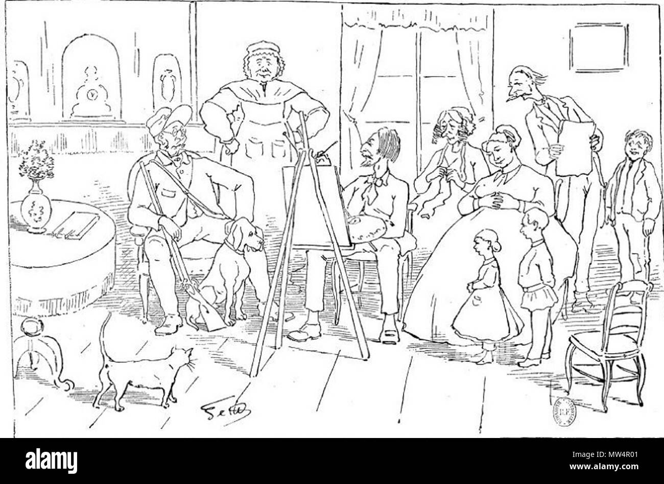 . English : Caricature de L. Petit sous le titre 'Les bonnes gens de province" et le sous-titre "Le portrait du notaire', club grand becassier du commentaire suivant : "Moi Corbinet, notaire à Guipavas, fait faire son portrait. Tante Ursule aurait voulu qu'il was represented la plume à la main, signant et parafant (sic) un contrat. Mme Corbinet eût préféré le voir ceint de son écharpe d'adjoint au maire. Lui eût l'idée de poser en chasseur, son chien entre les jambes ; çà vous donne quelque chose de plus crâne. La famille entière, y compris la servante et les deux clercs, assiste à la perpétuation du chef- Banque D'Images