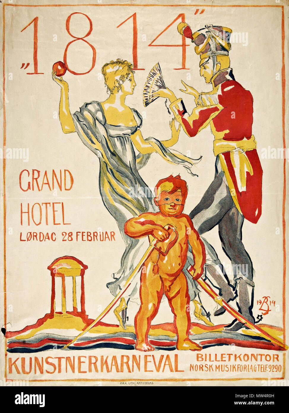 . Norsk bokmål : Titre / Title : '1814' : Kunstnerkarneval Beskrivelse / Description : Plakat / Poster. Kreditering / Crédit : Brynjulf Larsson (1881-1920). Utgiver : Kunstnerforeningen. Impression / Trykkeri lithografiske Aksjebolag Maison : Kristiania. Trykkemetode Litografi / méthode d'impression : 87,4 cm x 65,8 mio,. Propriétaire : Eier / Institution / Nasjonalbiblioteket Bibliothèque nationale de Norvège. Image Bildesignatur plktr / Numéro : 00914 . 1914. Brynjulf Larsson (1881-1920) 59 Comme vous l'aimez Banque D'Images